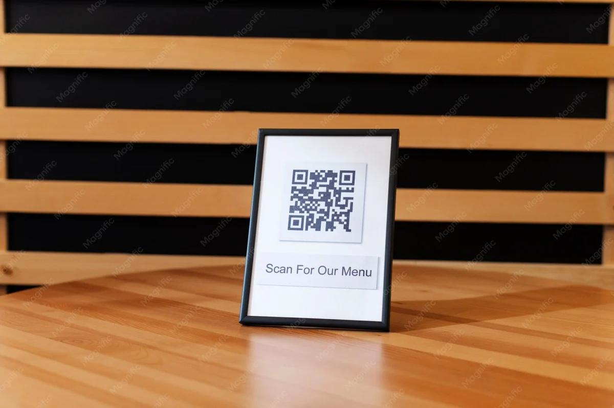 QR menu stand on a restaurant table — Scan For Our Menu